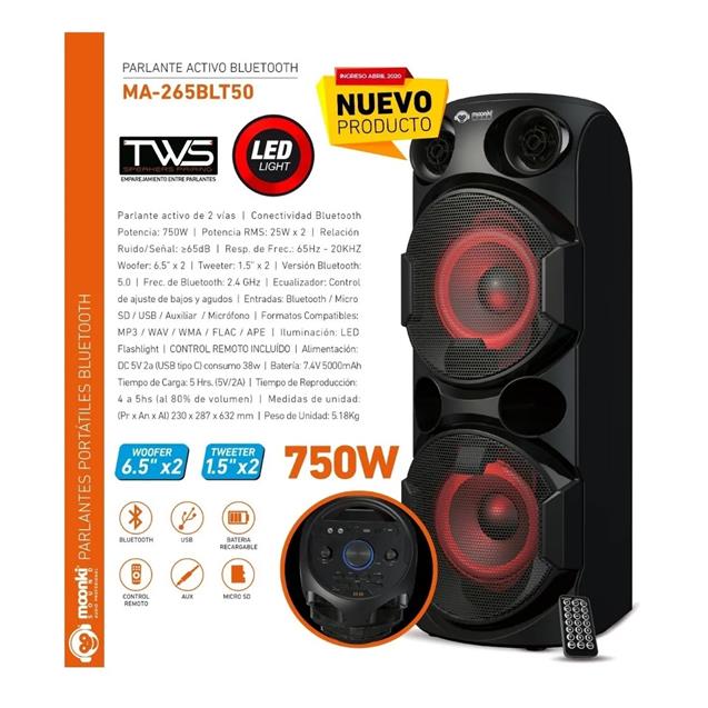 Parlante Moonki 750w Bluetooth Usb Bateria (Ma265blt)