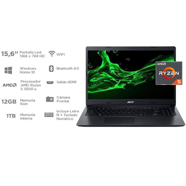 Notebook Acer Aspire 3 15.6" Amd R5 3500u - 12g 1tb Black W10