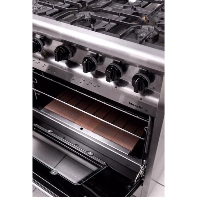 COCINA MORELLI 16045 ACERO 550 4 HORNALLAS PTA VISOR Y REJA FUND. LIVIANA INOX