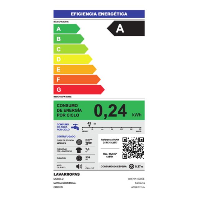 Lavarropas Samsung Carga Frontal Inverter 7 kg 1000 rpm Blanco (WW70A40000EE)
