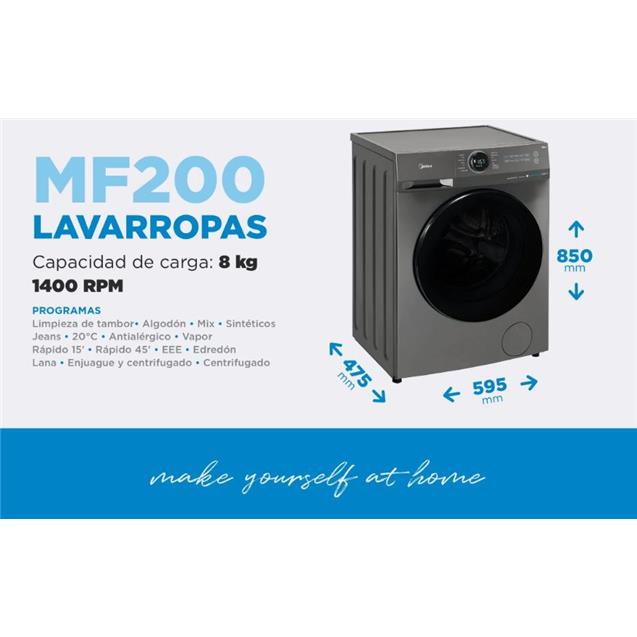 Lavarropas Midea 8kg 1400 Rpm Inverter Titanium (MF200W80)