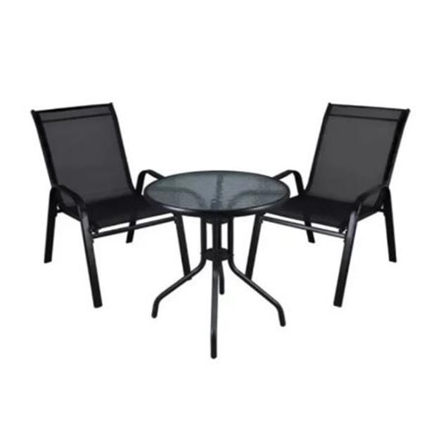 Set Mesa + 2 Sillones Crystal Rock Metal Negra 60 Cm Top Glass