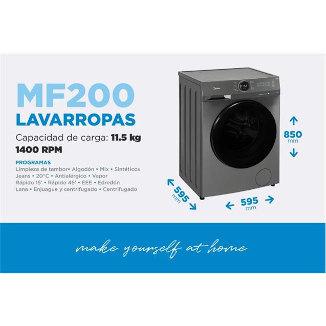 Lavasecarropas Midea 11.5kg Smart Inveter Titanium (MF200W115WB)