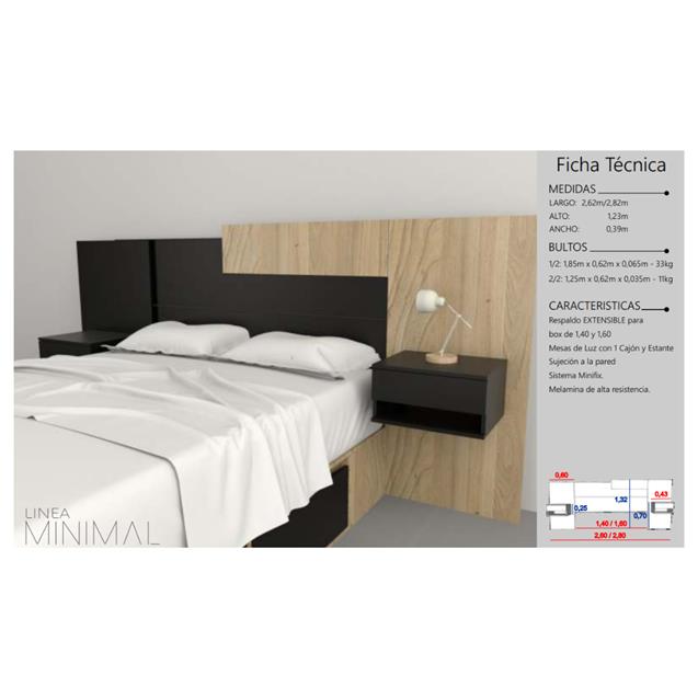 Respaldo Tables Big Minimal C/Mesa De Luz Flotantes Para Box De 1,40m Y 1,60m Olmo / Everest (6446)