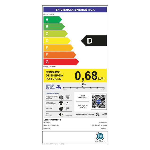 Lavarropas Eslabon de Lujo Carga Frontal Automático 7 Kg 750 RPM Blanco (EWH07BB)