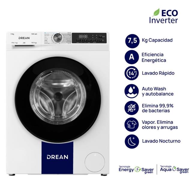 Lavarropas Drean Carga Frontal Inverter 7,5 kg 1000 RPM Blanco ( LFDR0710ISB0)