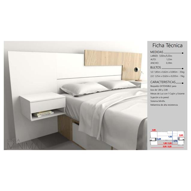 Respaldo Tables Big Minimal C/Mesa De Luz Flotantes Para Box De 1,80 - 2,00 Mtrs Olmo / Everest (6447)