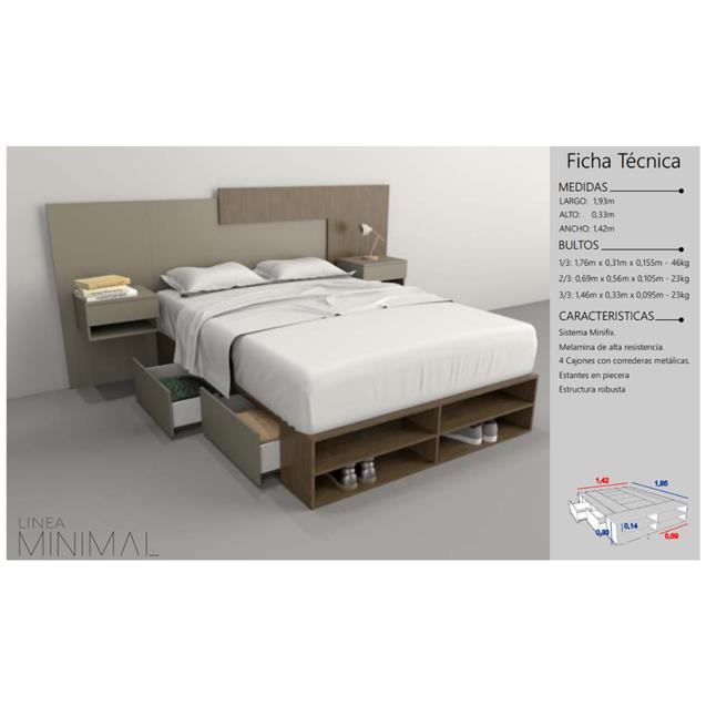 Box De Cama Tables Minimal 1,40 Mtrs  4 Cajones/Estantes Olmo/ Everest (6442)