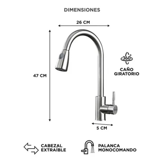 Grifería Monocomando Gadnic Extraíble Doble Salida Para Cocina Acero Inox (GRIFI029)