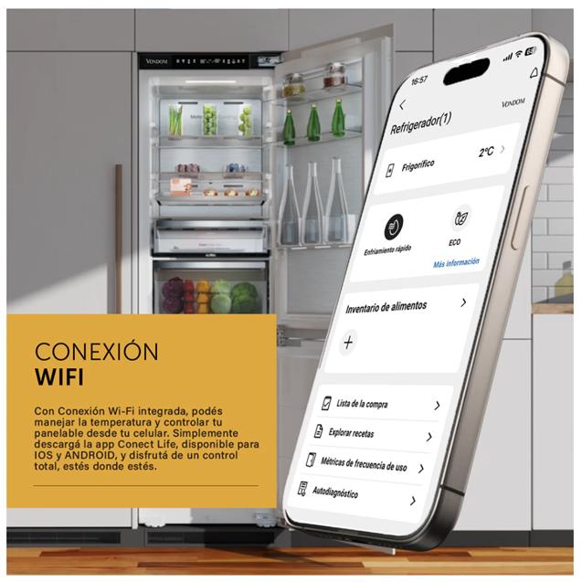 Heladera Combi Panelable Vondom 250L Con Freezer Inverter No Frost Wifi (COMBI250BI)