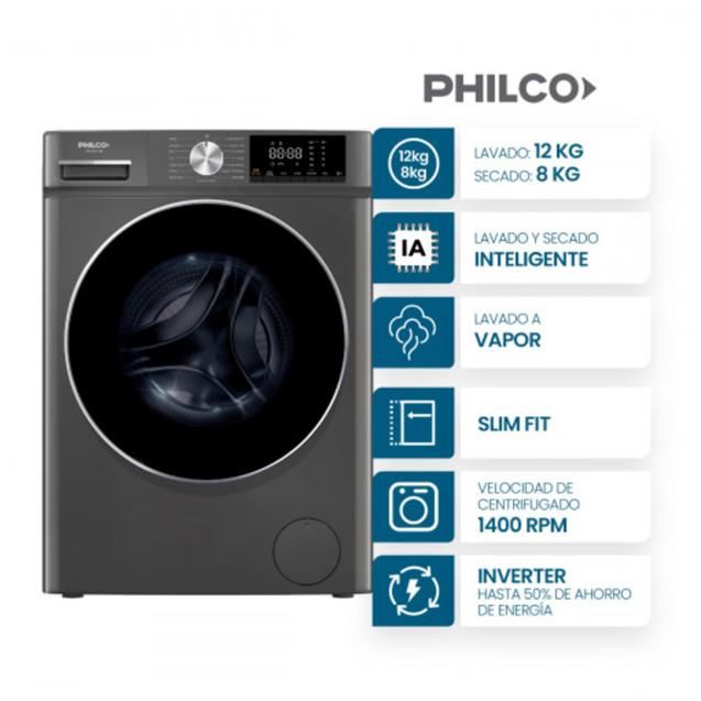 Lavasecarropas Philco Carga Frontal One Touch Direct Drive Inverter 12/8 kg 1400 rpm Titanium (94PHLS128-2TN)