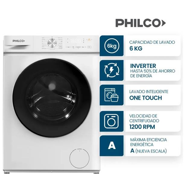 Lavarropas Philco Carga Frontal Inverter 6 kg 1000 RPM Blanco (94PHLF62BN)