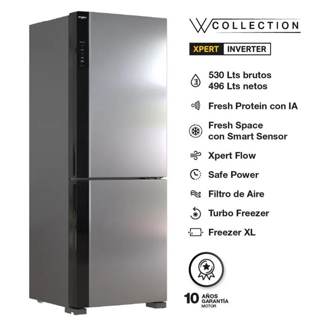 Heladera con Freezer Whirlpool XpertAI No Frost Inverter Plateada 530 Litros (WRE66AK)
