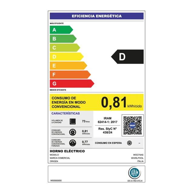 Horno Whirlpool Eléctrico. 73 Lts Silver (WOC74AS)
