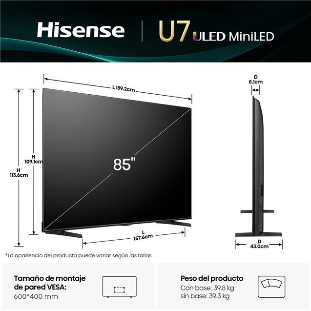 Smart Tv ULED Hisense  85" 4K Miniled Google-TV (85U7QG)