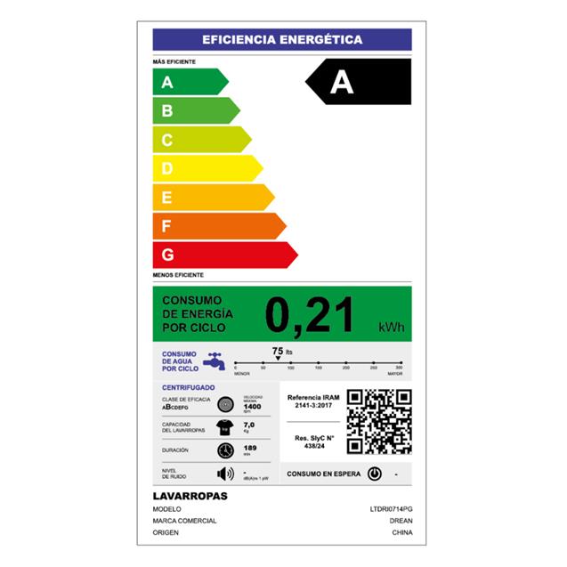 Lavarropas Drean Carga Superior EcoInverter 7 kg 1400 rpm Blanco (LTDRI0714PB)