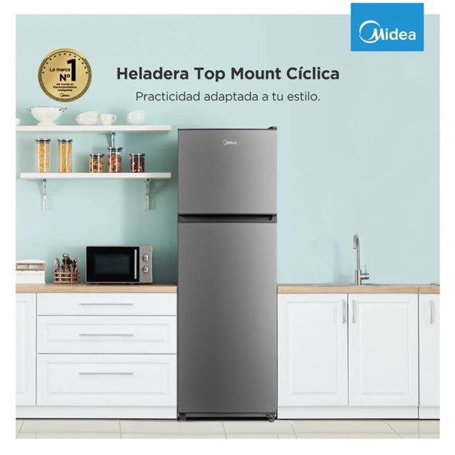 Heladera Midea Top Mount con Freezer Cíclica Silver 295 L (MDRT414FGE50A)