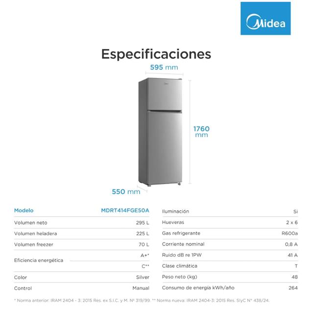 Heladera Midea Top Mount con Freezer Cíclica Silver 295 L (MDRT414FGE50A)