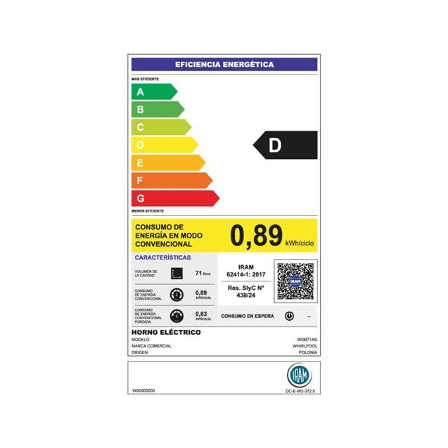 Horno Whirlpool Eléctrico. 71 Lts Silver (WOB71AS)