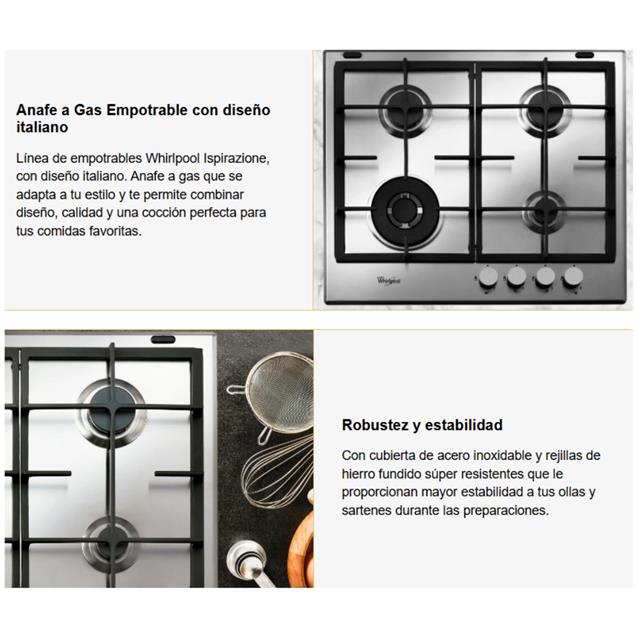 Anafe a Gas Whirlpool 4 hornallas 60 Cm Inox (wgma6422ix)