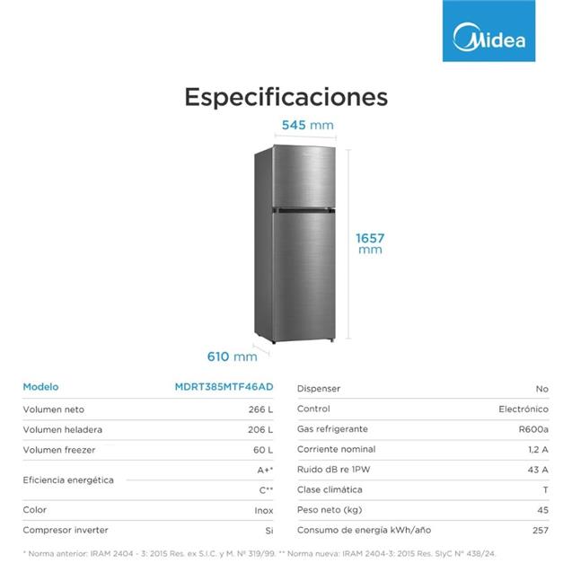 Heladera Midea Top Mount con Freezer No Frost Inverter Inox 266 L  (MDRT385MTF)