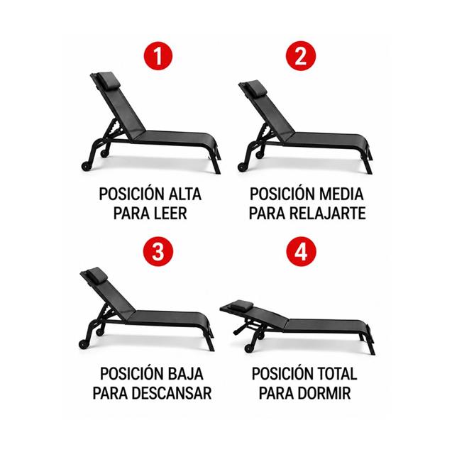 Reposera Reclinable Ego Acero + Textilene c/ Ruedas x 2 Unidades Negra (24002015N)